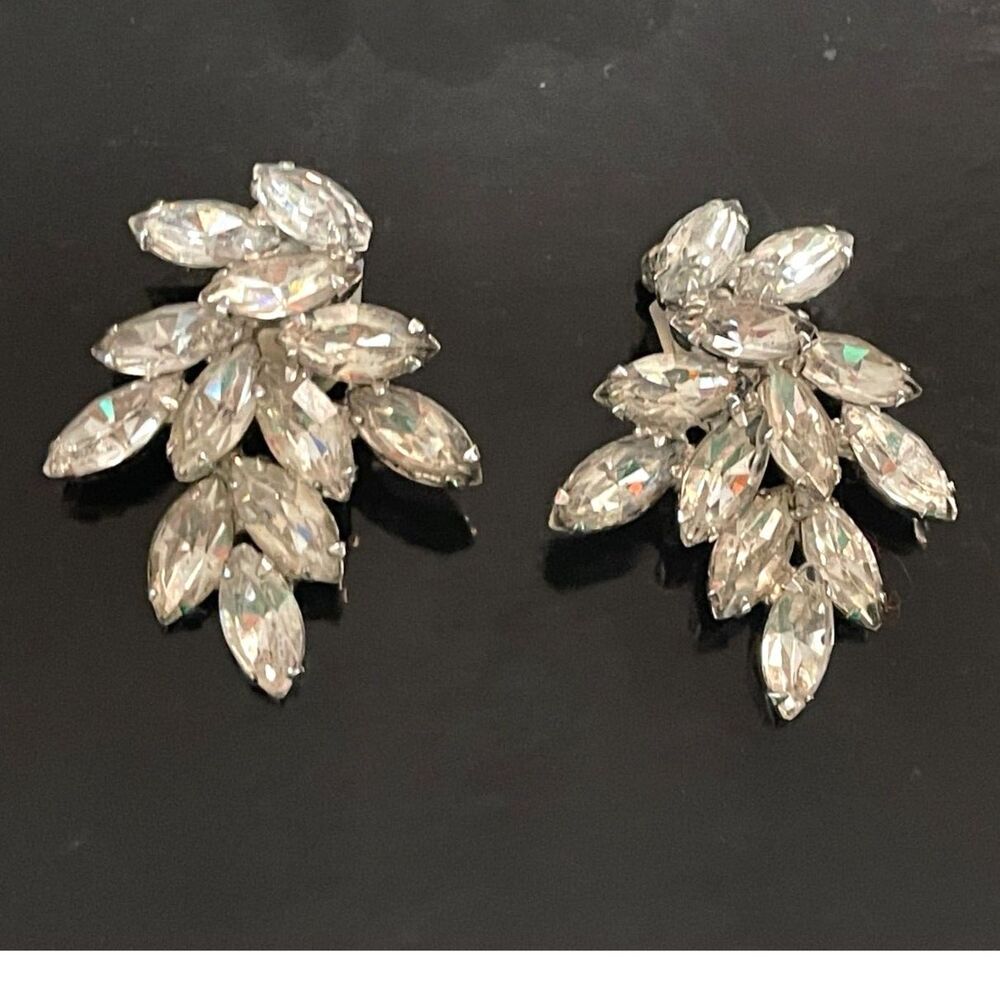 Vintage Joseph Wiesner Clear Rhinestone Cluster Large 2" Clip On Silver Earrings